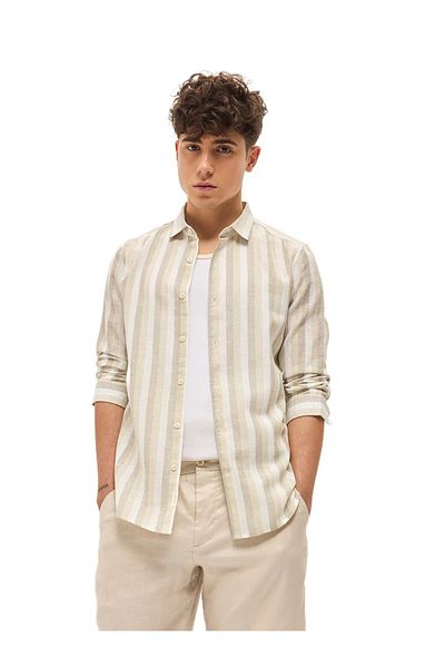 The Bear House Men's Beige with White Stripes Slim Fit Casual Shirt for Every Occasion