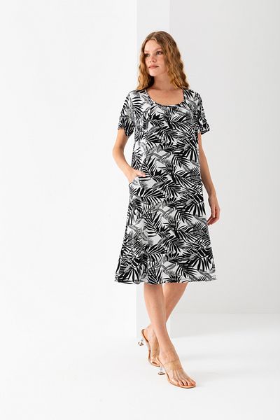 EtkiModa Γυναικείο ασπρόμαυρο φόρεμα με χτενισμένο βισκόζη με κορδόνι με τσέπες στο πλάι