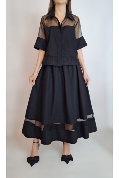 oyagüler تنورة قميص تريكو بتفاصيل أورجانزا سوداء للنساء، بدلة مزدوجة YY 101226