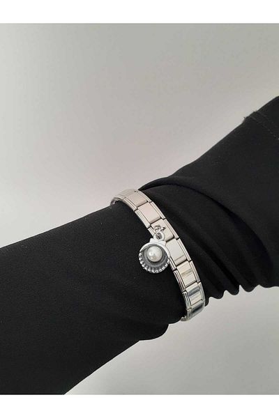 bijoux uniques Steel Italian Charm Bracelet with Black Oyster Figure