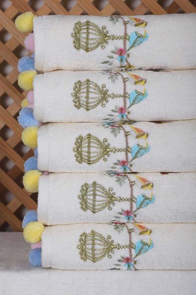 Mira Home 6-Piece Bird Embroidered Hand Face Towel Set Pompom Towel Set 50 x 90 Cm