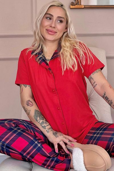 Pijamaevi Red Tartan Exclusive Front Buttoned Women's Pajama Set