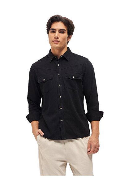 The Bear House قميص رجالي أسود بقصّة عادية وأكمام طويلة وجيوب بغطاء لكل مناسبة