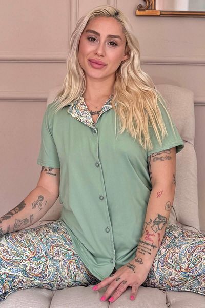 Pijamaevi Mint Paisley Exclusive Front Buttoned Women's Pajama Set
