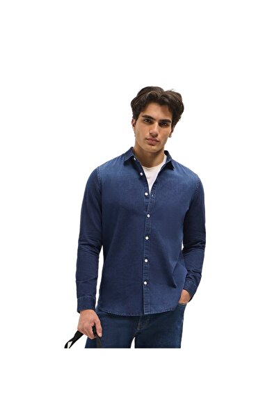 The Bear House قميص جينز رجالي أزرق سادة بقصّة Slim Fit مناسب لكل المناسبات