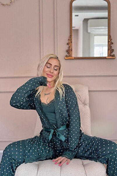 Pijamaevi Sada dámského pyžama se smaragdovým mini puntíkovaným bambusovým županem