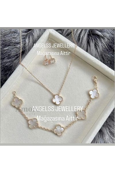ANGELSS JEWELLERY Clover Model White Gold Necklace Bracelet Earrings (Clover Model Necklace Bracelet Earrings Set)