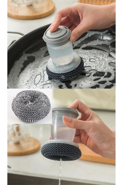 3B Trend 2 Pieces Dish Brush with Ended Detergent Tank - Wire