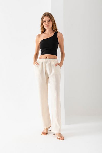 EtkiModa Γυναικείο παντελόνι μουσελίνας 100% βαμβακερό φαρδύ