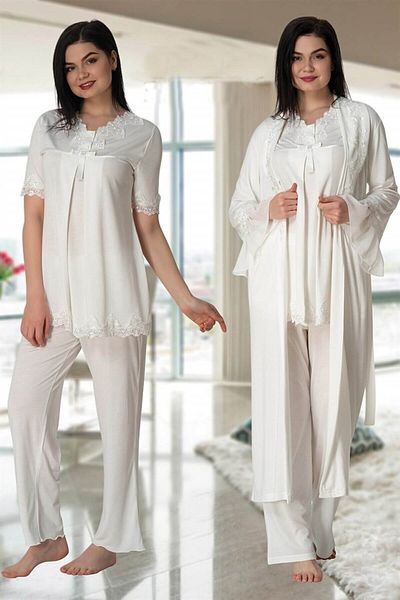 BLACKMORE Women's Ecru Lace Design Full Length Maternity Maternity 3-Piece Pajama Set with Dressing Gown