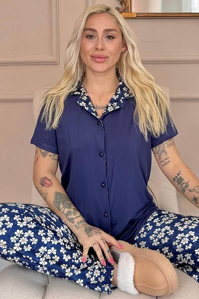 Pijamaevi Navy Blue Blossom Exclusive Front Buttoned Women's Pajama Set