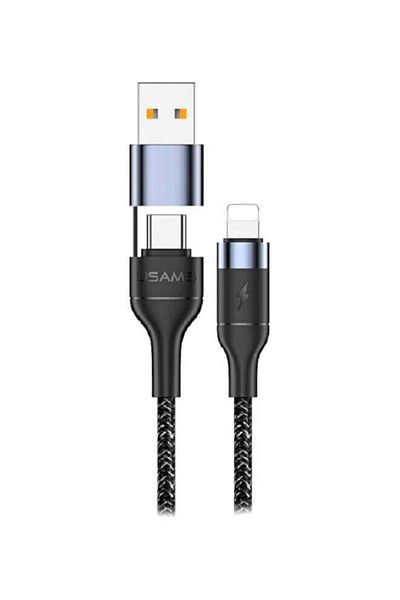 Usams كابل شحن ومزامنة بيانات 2 في 1 من Type-C إلى USB Lightning باللون الأسود
