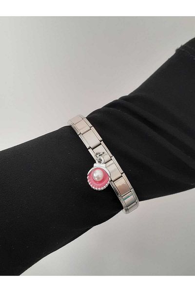 bijoux uniques Steel Italian Charm Bracelet with Pink Oyster Figure