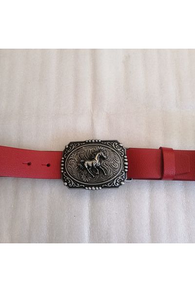 Butik Tülin Unisex Authentic Genuine Cowhide Leather Red Silver Patterned Running Horse Cowboy Buckle Belt Thailand
