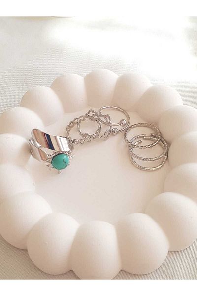 bijoux uniques Set of 8 Sun Figured Stone Silver Bijouterie Rings