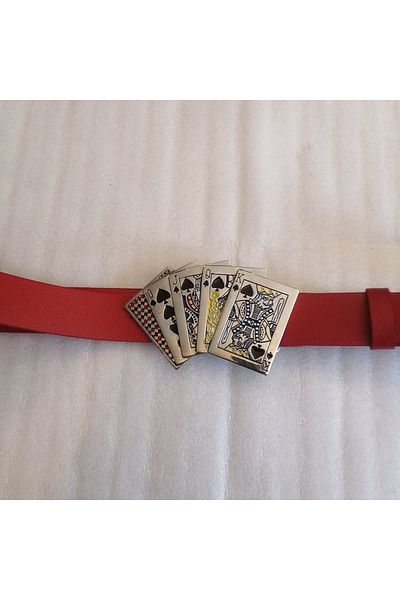 Butik Tülin Unisex Authentic Genuine Cowhide Leather Red Silver Poker Spade Flush Royal Playing Card Cowboy Buckle Belt