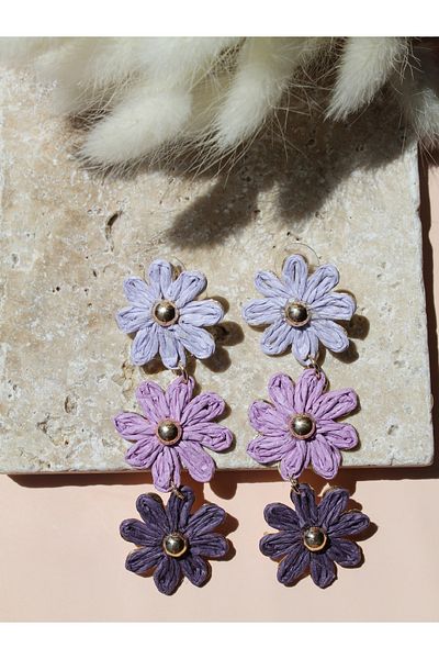 Luvix Design Triple Purple Tone Straw Flower Earrings