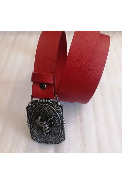 Butik Tülin Unisex Authentic Genuine Cowhide Leather Red Silver Patterned Running Horse Cowboy Buckle Belt Thailand
