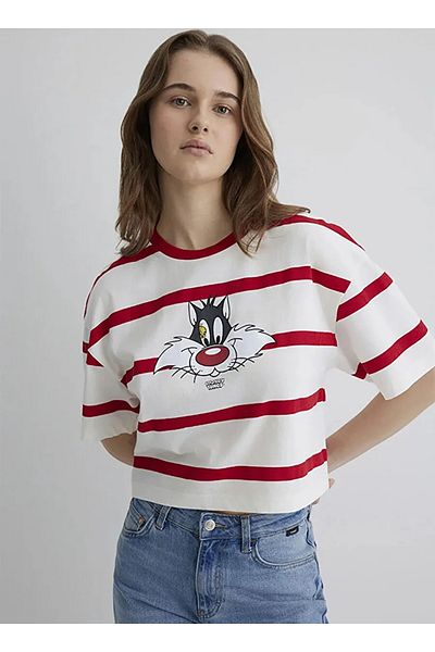 Mavi Red Women's Crop T-Shirt Dmk.M 1613350 -85422_Sylvester Printed Tee