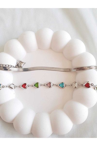bijoux uniques Set of 2 Colorful Heart Italian Chain Steel Bracelets