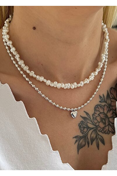 takıtarzım Pearl Dore Heart Figured 2,Li Women's Silver Necklace