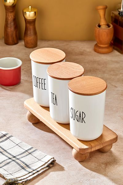 MODA OZY Set of 3 900ml Acrylic (Plastic) Storage Container Jar with Wooden Lid with Stand