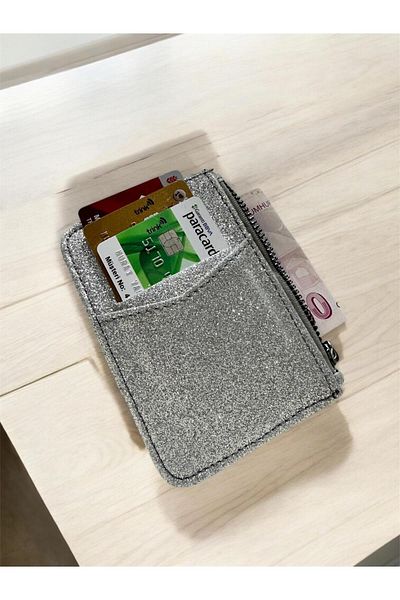 zauram Shiny Glitter Zippered Silver Card Holder Wallet