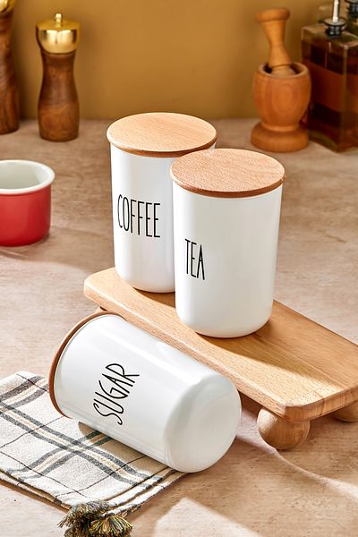 MODA OZY Set of 3 900ml Acrylic (Plastic) Storage Container Jar with Wooden Lid with Stand