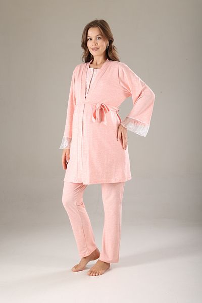Lohussa Pink Melange Soft Textured Lacy Summer Cotton Maternity Maternity Dressing Gown Pajama Set Set of 3