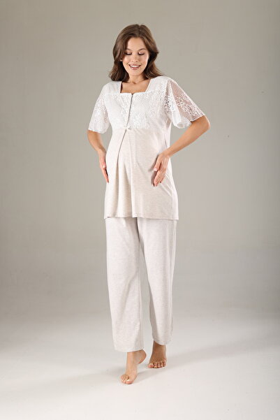 Lohussa Melanj Yumusak Dokulu Dantelli Tasarım Yazlık Pamuklu Hamile Lohusa Sabahlık Pijama Takımı 3'lü Set