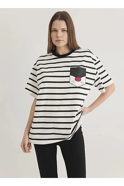 Mavi Black Women's Oversize Printed T-Shirt Dmk.M 1613255 -85407_Sylvester One Size Tee