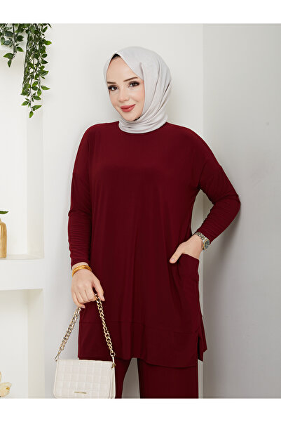 ECK MODA Γυναικείο σετ από ύφασμα Sandy Full Lycra ελαστικό ύφασμα με λεπτομέρεια τσέπης παντελόνι και μπλουζάκι