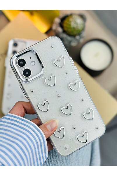 Go Aksesuar iPhone 12 and 12 Pro Compatible Metal Heart Design Flexible Silicone Case with Toy