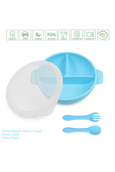 jojobebek Silikon Beslenme Seti Vakumlu Silikon Mama Tabağı (KAPAKLI), Silikon Çatal Ve Kaşık /mavi