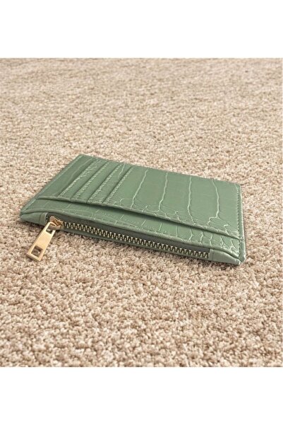 zauram Crocodile Patterned Zipper Detailed Green Card Holder