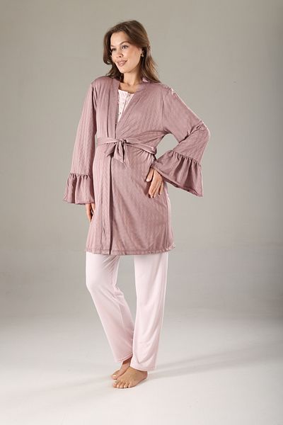 Lohussa Dried Rose Jacquard Special Design Summer Cotton Maternity Maternity Dressing Gown Pajama Set Set of 3