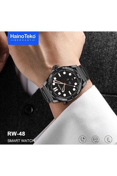 haino teko germany RW48 Smart Watch with Round AMOLED Display, 3 Pairs of Straps, and Wireless Charger for Men - Black