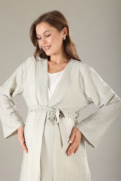 Lohussa Water Green Jacquard Textured Special Design Summer Cotton Maternity Maternity Dressing Gown Pajama Set Set of 3
