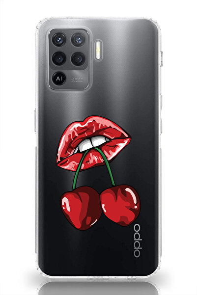 moonset Oppo Reno 5 Lite Uyumlu Dudak ve Kiraz Tasarımlı Baskılı Şeffaf Telef...
