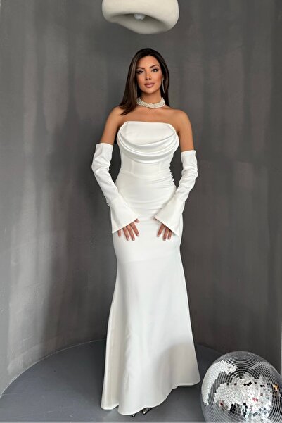 İyem Abiye Krep Kol Detaylı Düz Abiye Elbise Dar Kalıp