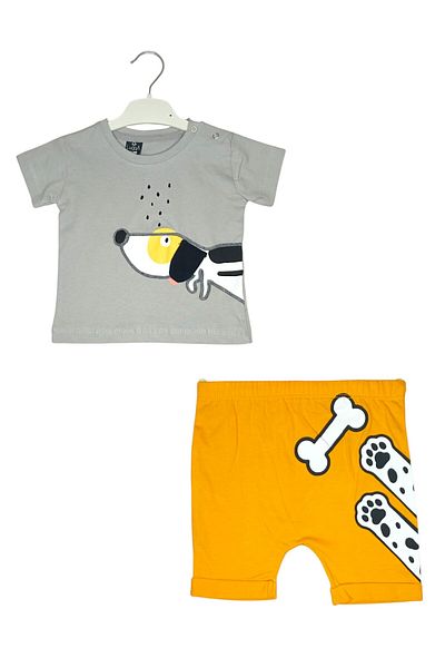 For My Baby Luqqa- Baby Boy 2-Piece Bottom Top Set Gray Yellow T-Shirt Printed Tshirt Karyoka Detailed T-Shirt