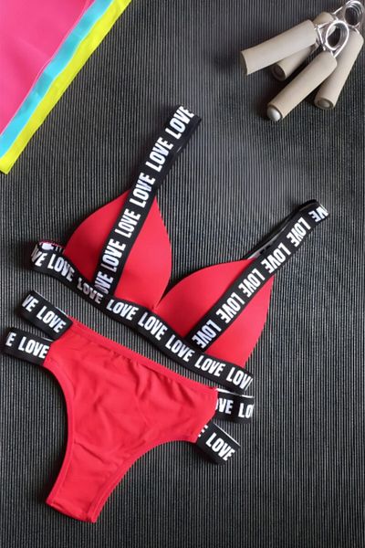 Luvensa Red Padded Rubber Strap Sports Bra Set (Bra & Panty)