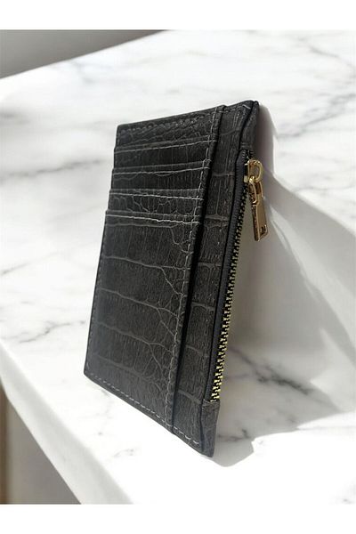 zauram Crocodile Patterned Zipper Detailed Gray Card Holder