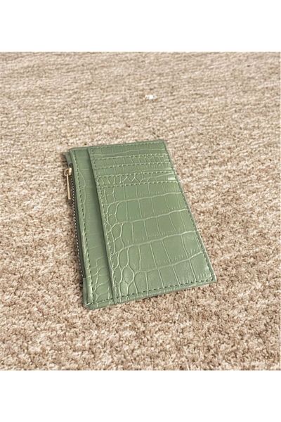 zauram Crocodile Patterned Zipper Detailed Green Card Holder