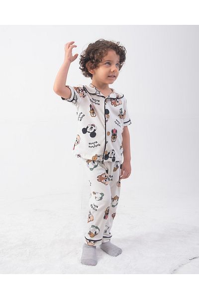 Bolly Baby Cute Animals Patterned Summer Pajama Set for Ages 2-5 Years, Short Sleeve Bottom Long Double Breasted Collar Buttoned