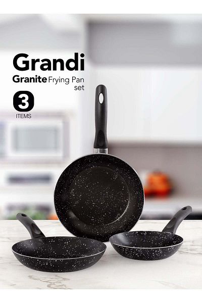 GRANDİ طقم مقلاة جراندي غير لاصقة من 3 قطع، مقاس 16-18-24 سم، أسود
