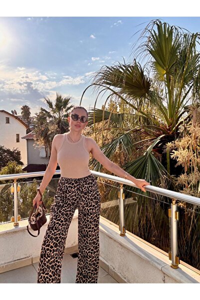MODA leopar desenli beli bağcıklı bol paça viskon ithal pantolon