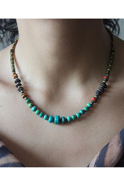 dela otantik Handmade Turquoise Stone Women's Necklace – Ethnic and Natural Style Beaded Ethnic Bohemian Green Bijouterie Jewelry