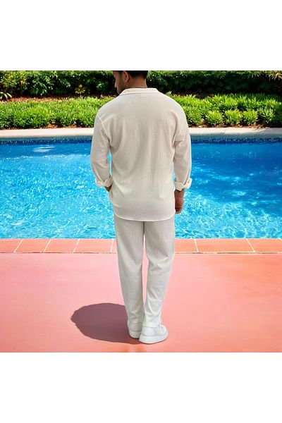 Fifty Color Men's Wrinkled Crinkle Fabric Summer Lycra Apaj Collar Shirt and Sweatpants Suit Combination