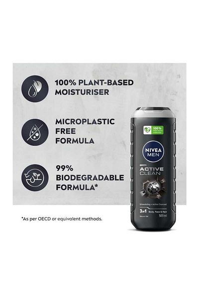 NIVEA NIVEA MEN 3 in 1 Shower Gel with Active Charcoal & Wood Scent 3 x 500ml
